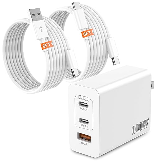100W USB C Charger Block, 3-Port GaN Fast Wall Charger with 2 Cables [C-C & A-C], Travel Essentials PD Adapter for MacBook Pro, for iPhone 17/16/15, Samsung S25, for Home Office & Laptop - White