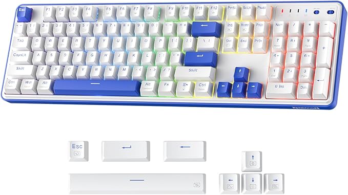 Redragon K685 PRO 104 Keys Wireless Gasket RGB Gaming Keyboard, 3-Modes 100% Layout Mechanical Keyboard w/Hot-Swap Socket, Sound Absorbing Pads & Linear Red Switch, Klein Blue & Oia White