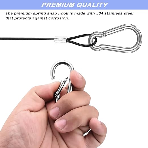 10 Pack 20 Inch(50cm) Stainless Steel Tethers with 4 Pcs Spring Snap Hook Clips, Steel Wire Cable with Loops Vinyl Cover Coated Short Rope Lanyard Lock Tether Chains, Black
