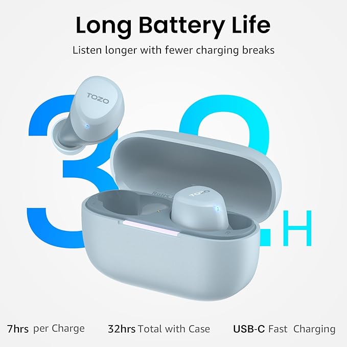 TOZO A1 Wireless Earbuds Bluetooth 5.3 Light Weight in Ear IPX5 Waterproof Headphones 2 Mic for AI Calls, Immersive Premium Sound Bass Headset with Charging Case, 32 Presets EQ Customization via App