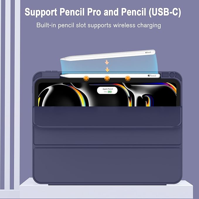 ZryXal New iPad Pro 13 Inch Case (M5) 2025 / (M4) 2024 with Pencil Holder, Smart iPad Case [Support Pencil Pro and Pencil (USB-C)], Support Touch ID and Auto Wake/Sleep (New Dark Blue)