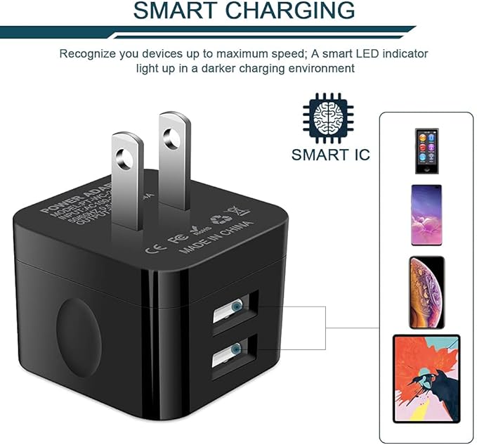 2Pack USB Wall Chargers, 2.4A Dual Port Fast Charger Block Square Flat Power AC Adapter Phone Brick Charging Station for iPhone, Samsung Galaxy, LG Stylo, Google Pixel, USB Plug House Hold Box Cube