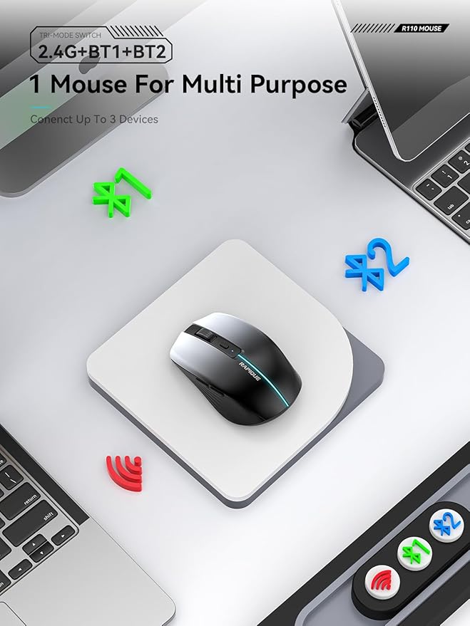 RAPIQUE Bluetooth Wireless Mouse – White to Black Gradient, Dual Bluetooth 5.1 & 2.4G Connectivity, Silent Click, Rechargeable, Ergonomic 6-Button for Windows/MacOS/Android/Laptop/MacBook/iPad