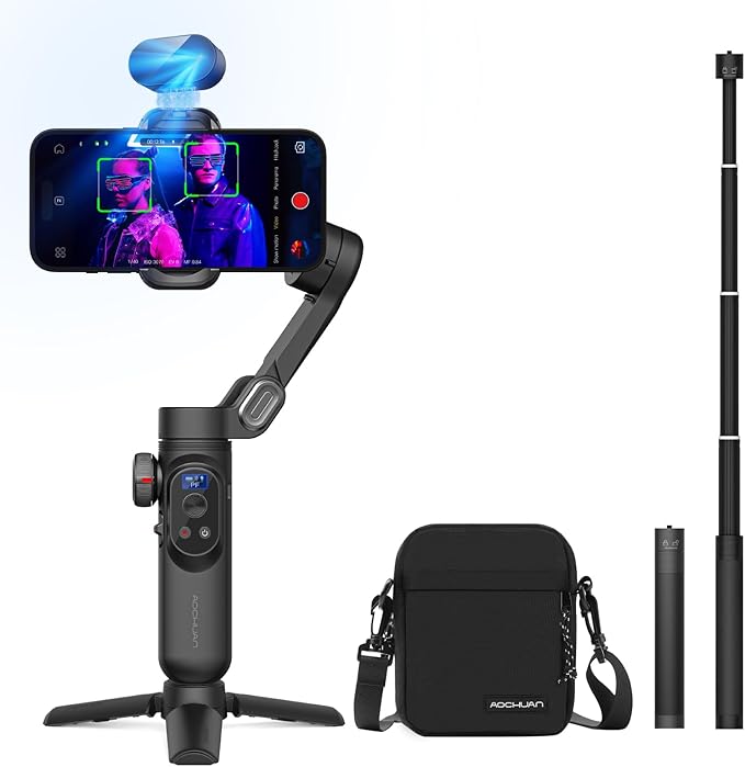 AOCHUAN 3-Axis Gimbal Stabilizer for Smartphone Smart AI XPro Black & B10 Storage Bag & E10 Extension Rod