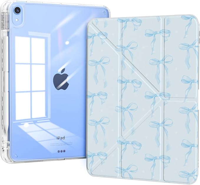 Case for iPad 11th Generation A16 Chip (2025), iPad 10th Generation (2022) Case, Protective Slim Soft TPU Back Cover with Pencil Holder, Trifold Origami Multi-Angle Stand, Blue Bows
