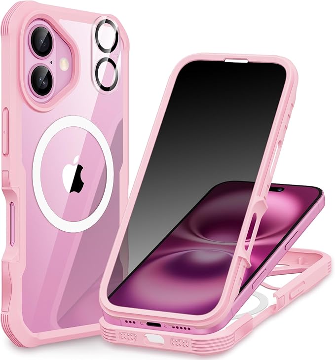 CENHUFO Magnetic Privacy for iPhone 16 Plus Case [Compatible with Magsafe] Full Body Phone Case Built-in 9H Tempered Glass Privacy Screen Protector and Camera Lens Cover, Shockproof Bumper - Pink