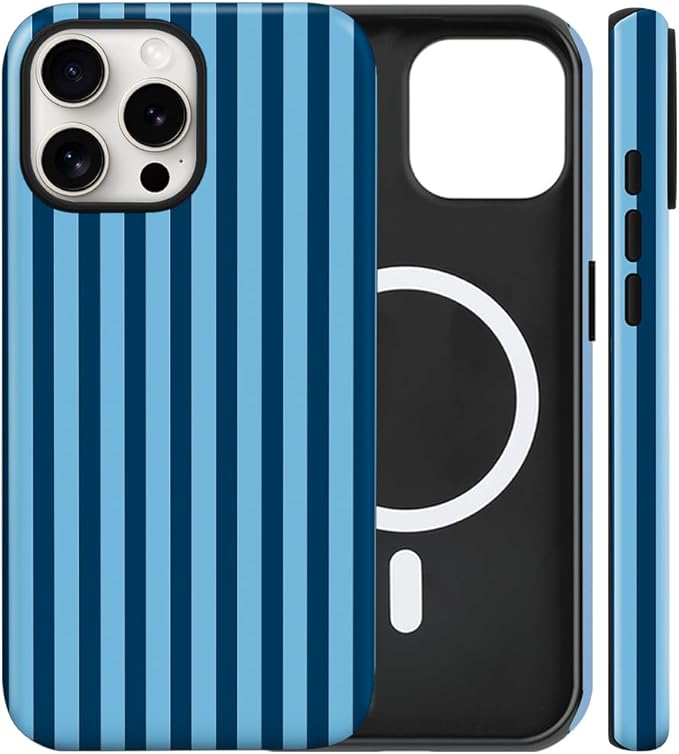 Magnetic for iPhone 12 Pro Max Case Cute Stripes Phone Case, Shockproof Slim TPU and Hard PC Protective Phone Cover Compatible with MagSafe Designed for Women Girls, Lake Blue