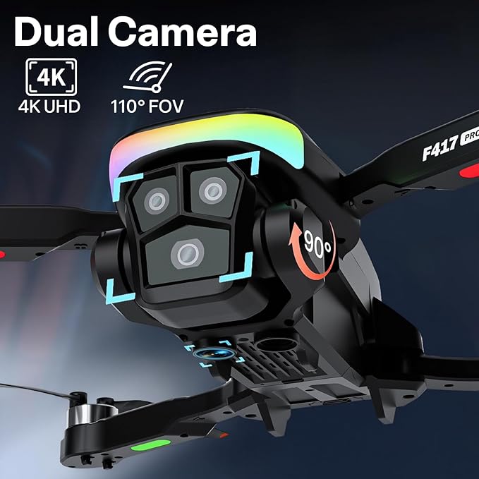 F417PRO Drone with 4K Camera Screen Remote Control,RGB LED Light FPV Drone Quadcopter for Adults Beginners,Headless Mode Altitude Hold Optical Flow Positioning,One Key Start/Land Foldable