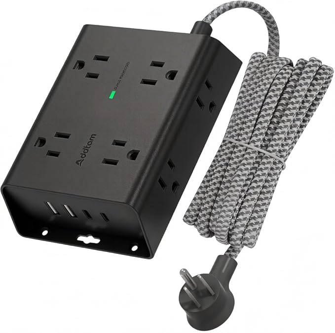 Addtam Surge Protector Power Strip, 8 Widely Outlets with 4 USB Ports (2 USB C), 10ft Extension Cord with Multiple Outlets, 3 Side Outlet Extender, Flat Plug, Wall Mount, ETL, Black