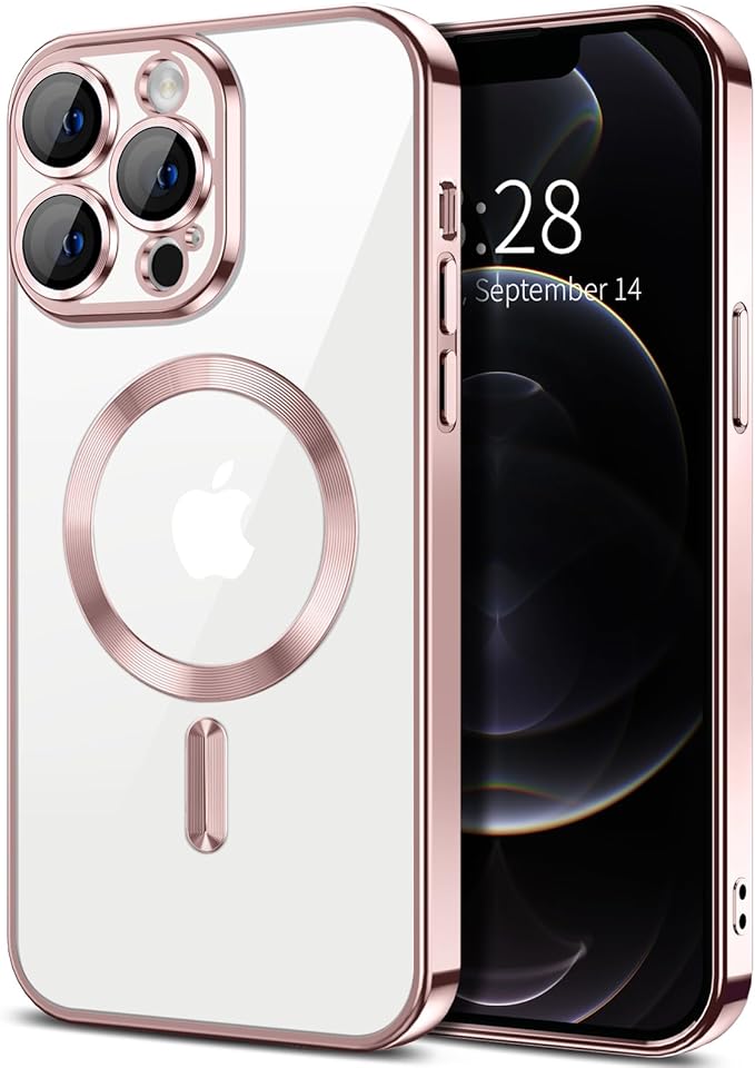 Hython Magnetic Clear for iPhone 12 Pro Case with Camera Lens Protector [Compatible with MagSafe] Luxury Plating Edge Slim Soft TPU Cover Protective Phone Case for iPhone 12 Pro 6.1", Pink