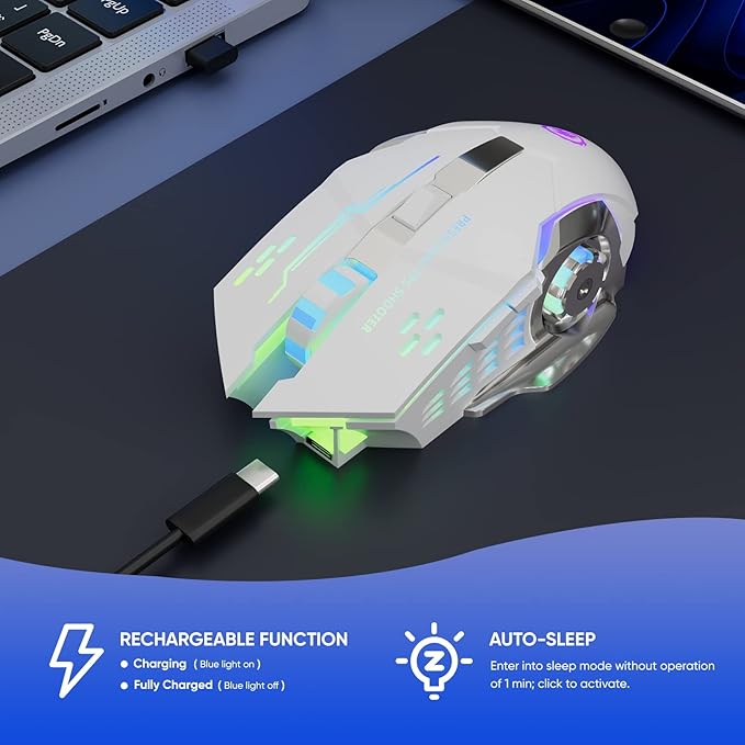 MELOGAGA Wireless Gaming Mouse Bluetooth Mouse RGB Rechargeable 2.4G USB Cordless Computer Mice with 7 Color Backlit, 6 Buttons & Silent Click for Laptop, iPad, Mac OS, PC, Windows -White