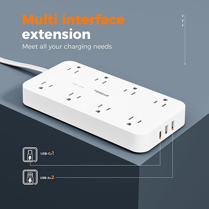TESSAN Power Strip Surge Protector, 6FT Flat Plug Extension Cord with 8 Outlets 3 USB Charger(1 USB C), 1080 Joules Protection, Wall Mountable Charging Station for Home Office Dorm, White