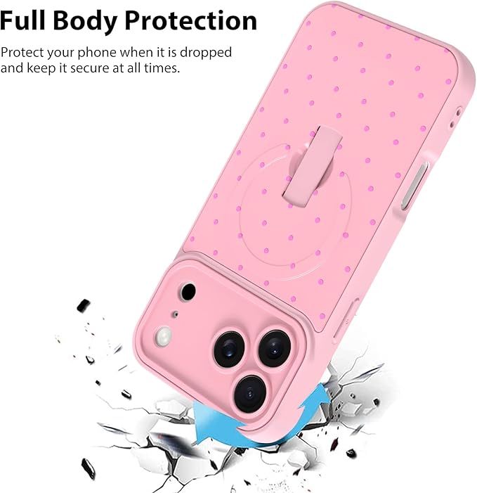 KANGHAR Compatible with iPhone 17 Pro Case, Support for MagSafe, Silicone Spot Cute Pattern, Wristband Kickstand Camera Protection Shockproof Soft Slim Cover for Girls Women, Pink