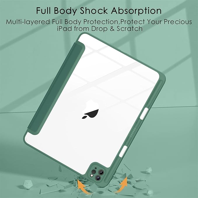 Soke Case for iPad Pro 12.9 Inch (6th/5th/4th/3rd Generation, 2022/2021/2020/2018) - Pencil Holder + Auto Sleep/Wake + Camera Protection, Transparent Shockproof Back Cover,Pine Green