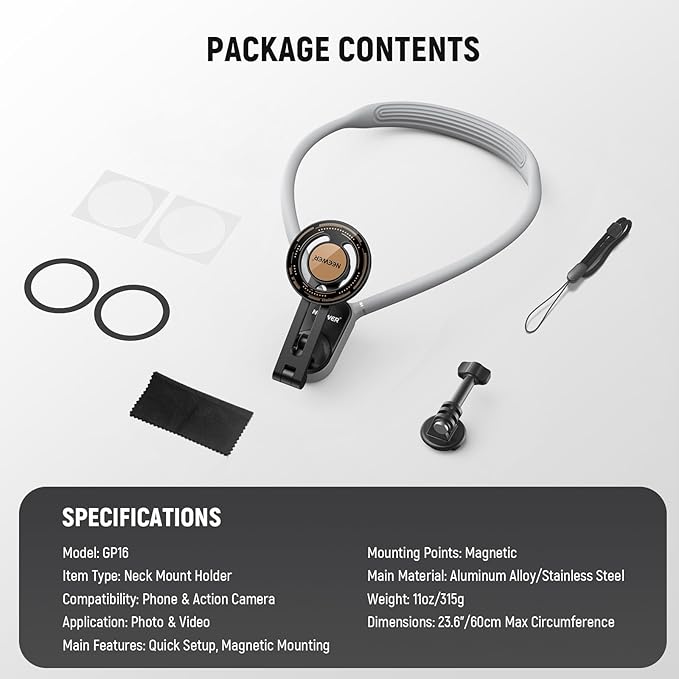 Neewer Magnetic Neck Holder for Action Camera Phone Hands Free Neck Tripod Chest Mount Compatible with GoPro DJI Insta360 iPhone15 Android Neck Phone Holder for POV Vlog, Gray, GP16