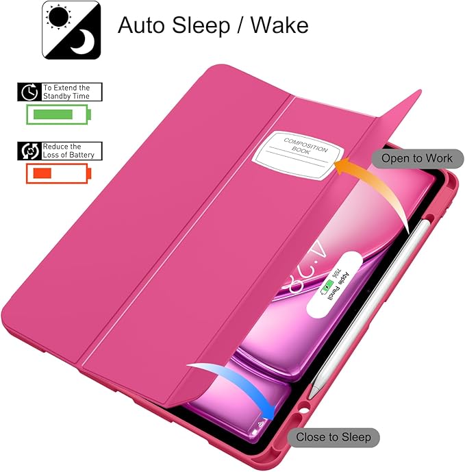 Soke Case for iPad Air 13 Inch (M4/M3/M2,2026-2024), iPad Pro 12.9" 6th/5th Generation with Pencil Holder(2021 2022 Release)-[Apple Pencil Charging + Auto Wake/Sleep] Soft Back Cover, Note Hot Pink