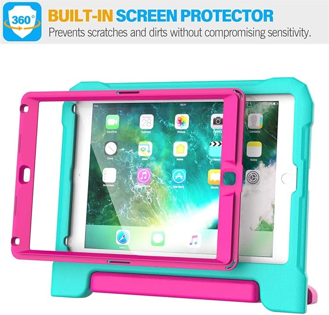SUPLIK Kids Case for iPad 5th/6th Generation (9.7 inch, 2017/2018), iPad Air 1 & Air 2 & Pro 9.7 Case with Screen Protector, Durable Shockproof Protective Cover with Handle Stand, Cyan&Pink