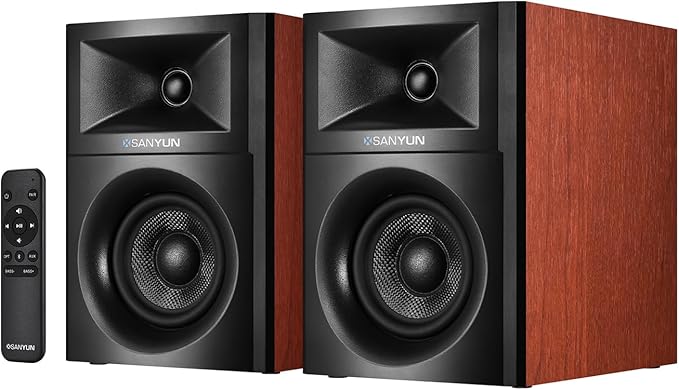 Sanyun SW205 4" 80W HiFi Bookshelf Speakers, 2.0 Active Near Field Studio Monitor, Upgraded 3D Sound Field, Flagship DAC & DSP, Geometric Diffusion Cabinet, Bluetooth 5.4/Optical/AUX, Woodgrain