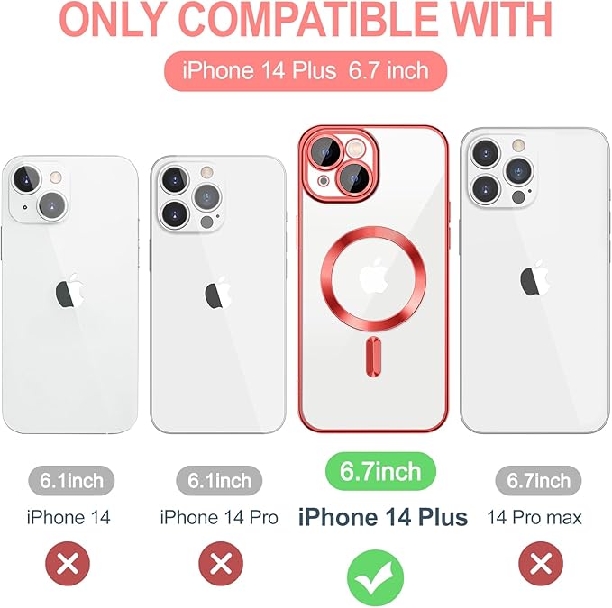 Hython Magnetic Clear for iPhone 14 Plus Case with Camera Lens Protector [Compatible with MagSafe] Luxury Plating Edge Slim Soft TPU Cover Protective Phone Case for iPhone 14 Plus 6.7", Red