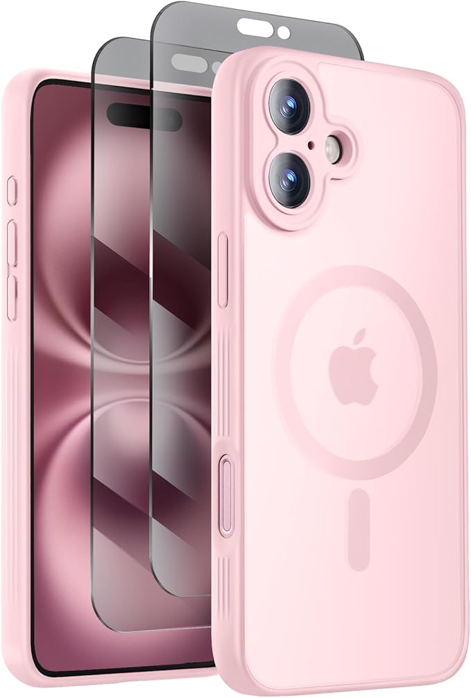 Symcele Designed for iPhone 16 Case, Compatible with MagSafe, with Privacy Screen Protectors X2, [Camera Protection] [15FT Military Drop Protection] Shockproof Phone Case, 6.1", Pink