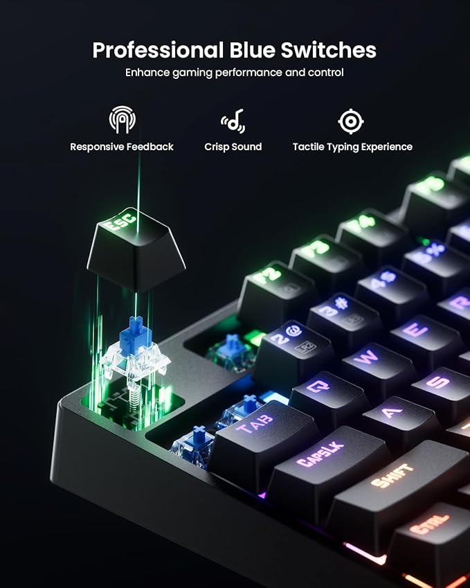 RGB Mechanical Gaming Keyboard Blue Switch, 104 Keys Full-Size Light Up Key-board with 11 Backlit Modes, Anti-Ghosting, Double-Shot ABS Keycaps, USB Wired Computer Key board for Windows PC Gamer
