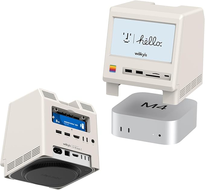 M5 Retro Dock Station for Mac mini M4, 5’inch HD Display, 10Gbps M.2 NVMe SSD Enclosure, SD/Micro SD Reader 4.0, 4*USB-A 1*USB-C 10Gbps, 3.5mm Earphone Jack,