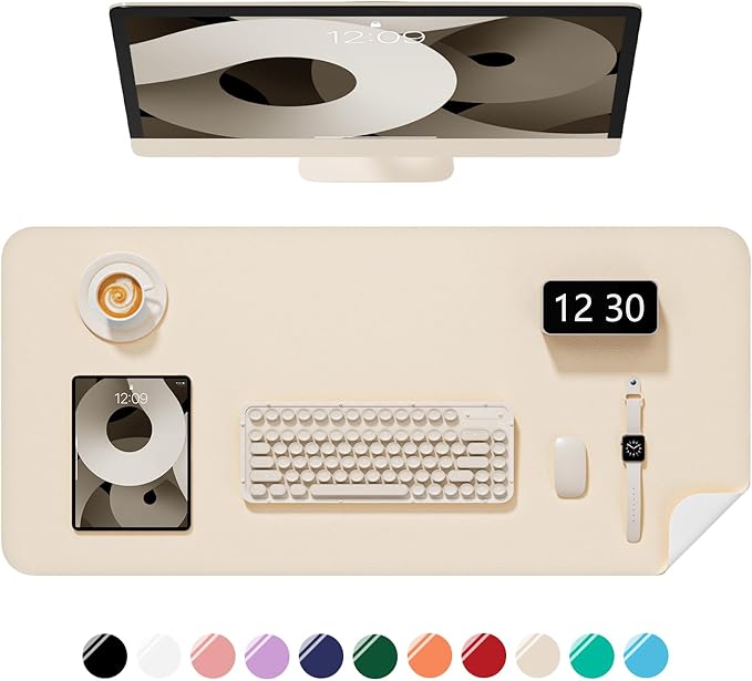 Desk Pad, 30" x 14" PU Leather Non-Slip Desk Mat Large Mouse Pad for Desktop, Waterproof Laptop Computer Writing Mat for Office, Home, Work, Gaming, Beige