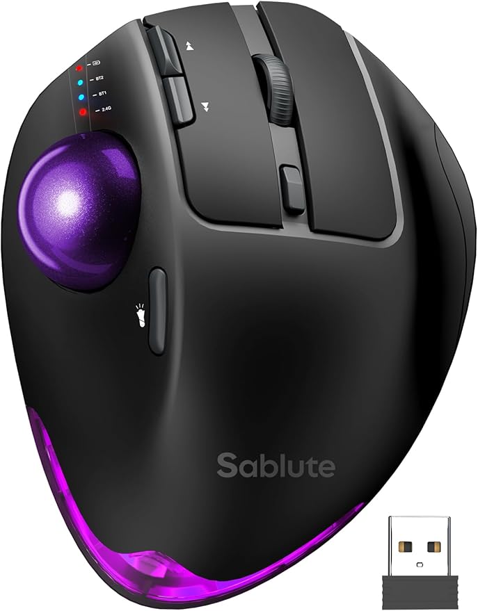 MAM1 Pro Wireless Trackball Mouse, Ergonomic Bluetooth Rechargeable Computer Mouse, Backlit Rollerball Thumb mice with 5 Level DPI, Adjustable Angle, 3 Devices Connection for PC, Windows - Purple Ball