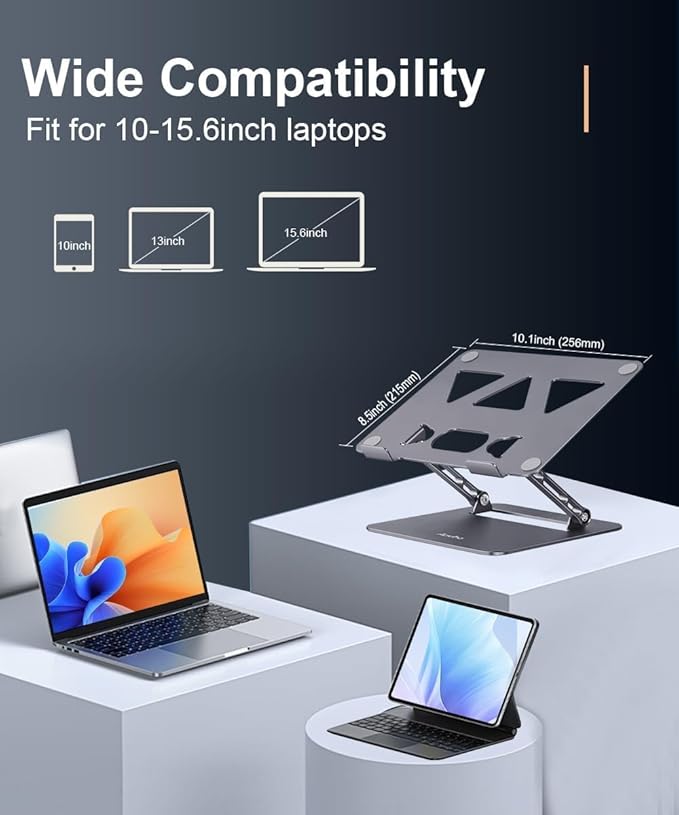 Aoviho Adjustable Laptop Stand for Desk,Portable Laptop Stand Holder and Riser,Foldable Aluminum Notebook Computer Stands for MacBook Air Pro HP Lenovo Dell Samsung Chromebook, 10-15.6 inch, Grey