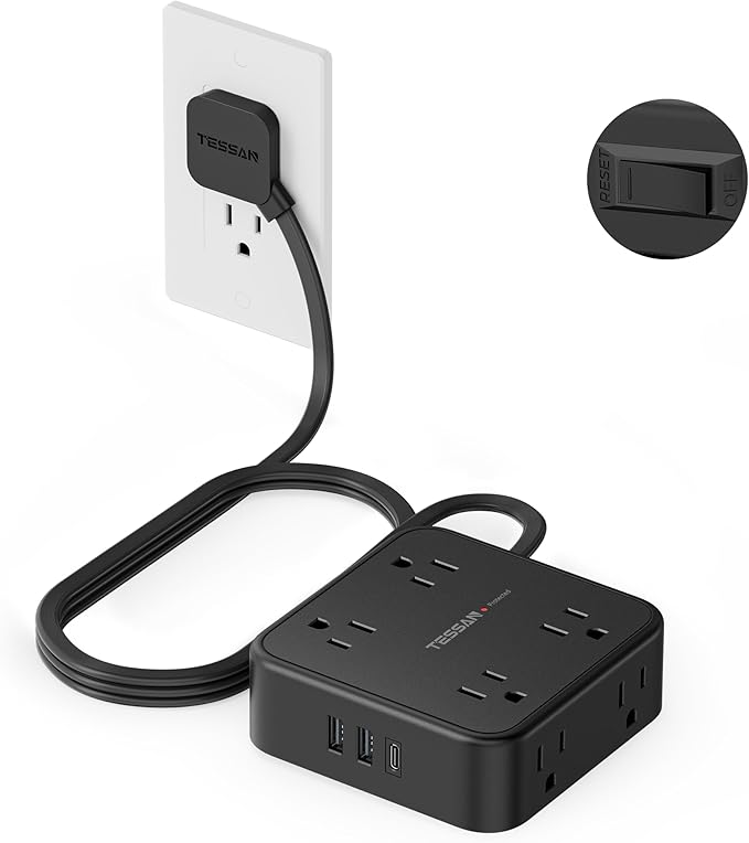 TESSAN Surge Protector Power Strip, 5 Ft Flat Plug Extension Cord with 3 USB (1 USB C) 8 Outlets, 1250W, 900J Protection, 3 Sided Outlet Extender with Power Switch for Office, Dorm Room, Black