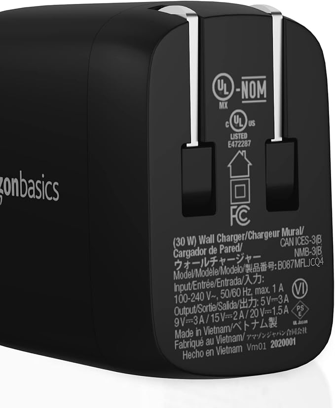 Amazon Basics 30W One-Port Foldable GaN USB-C Wall Charger with Power Delivery PD for Tablets & Phones (iPhone 16/15/14/13/12/11/X, iPad, Samsung, and More), Compact Travel Charger, Non-PPS, Black
