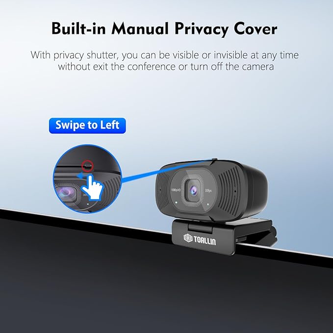 TOALLIN 1080P Full HD Webcam with Dual Microphones, Computer Web Camera, 90° Wide Angle View Without Distortion, USB Plug and Play Webcam for Video Conferencing/Online Calling/Live Streaming