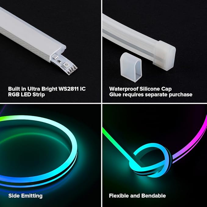 BTF-LIGHTING WS2811 IC RGB Chasing Color Side Emitting Neon Light 16.4FT DC24V 90IC 108LED/m T0615 IP67 Waterproof Flexible Addressable Rope LED Strip for Indoor DIY Decor (No Adapter or Controller)