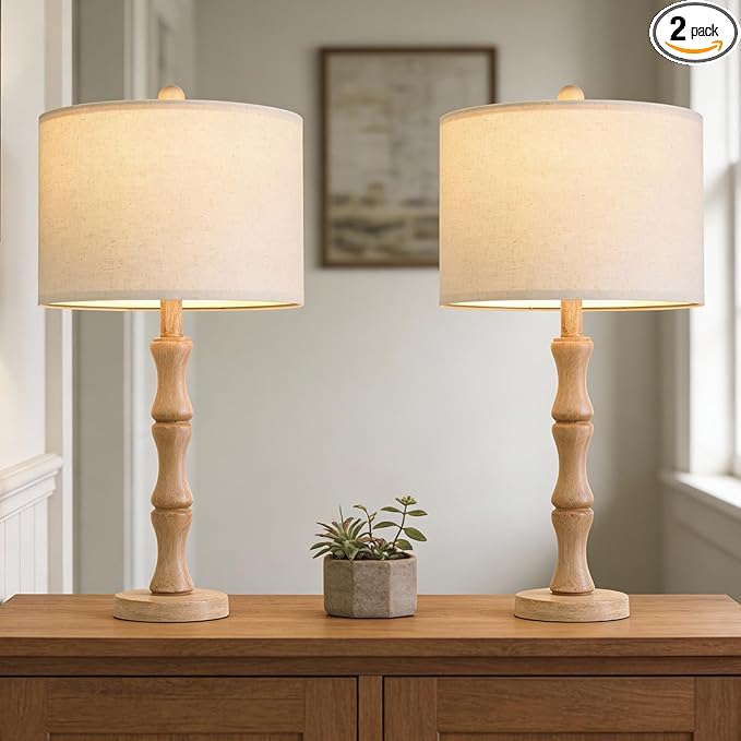 BOBOMOMO 25" Farmhouse Table Lamps Set of 2, Rustic Nightstand Lamps with Wood Grain Resin Base & Linen Shade, Standard Table Lamps for Bedroom, Living Room, Reading Nock & House Décor