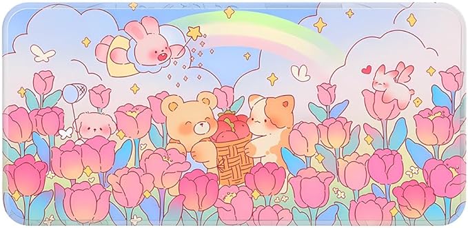 PERFECTSIGHT Cute Desk Mat Kawaii Rainbow Bunny Bear Kitty Desk Pad, Large Gaming Mouse Pad, Funny Girls Deskmat Mousepad, Anime Laptop Keyboard Pad Office Home Decor for Women Kids, Tulip