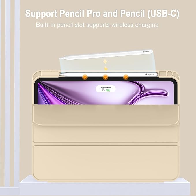 ZryXal New iPad Air 13 Inch Case M3 2025/M2 2024 with Pencil Holder, Trifold Stand Smart Case with Soft TPU Back,Auto Wake/Sleep(New Champagne Gold)