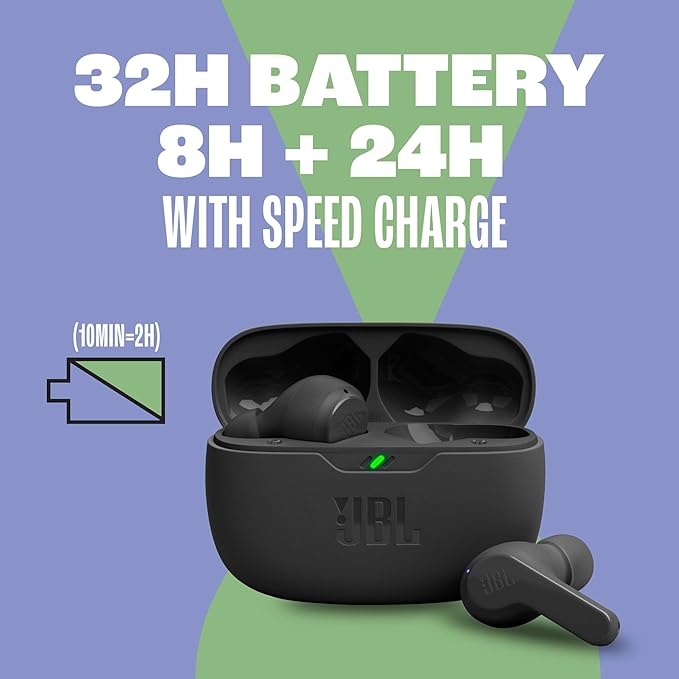 JBL Vibe Beam - True Wireless JBL Deep Bass Sound Earbuds, Bluetooth 5.2, Water & Dust Resistant, Hands-Free Call with VoiceAware, Up to 32 Hours of Battery Life (Black)