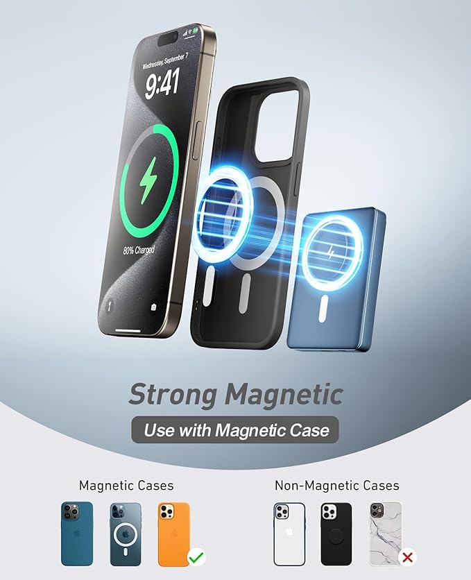 BBD Magsafe Portable Charger,10000mAh Magnetic Power Bank Fast Charging PD 20w with USB C Cable,Slim Magsafe Battery Pack,Wireless Power Bank for iPhone 17/16/15/14/13/12 Series 1Pack Blue