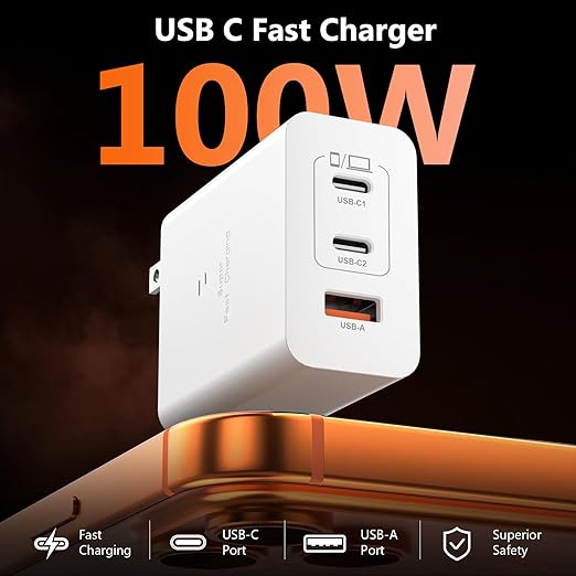 100W USB C Charger Block, 3-Port GaN Fast Wall Charger with 2 Cables [C-C & A-C], Travel Essentials PD Adapter for MacBook Pro, for iPhone 17/16/15, Samsung S25, for Home Office & Laptop - White