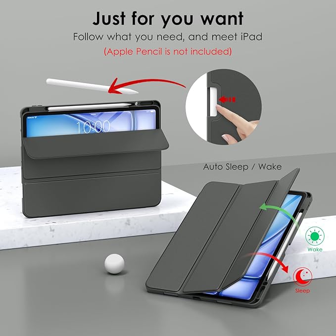 DTTO for iPad Air 13 Inch Case M4/M3/M2 2026/2025/2024, iPad Pro 12.9 Inch Case (6th/5th/4th/3rd Gen), Smart Slim Trifold Stand Soft Cover with Pencil Holder, Dark Gray