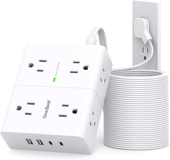 Extension Cord 15 Ft, Flat Plug Surge Protector Power Strip 15ft Long Cord with 8 Outlets and 4 USB Ports(2 USB C), 15 Feet Extension Cord with Multiple Outlets for Home Office, College Dorm Room