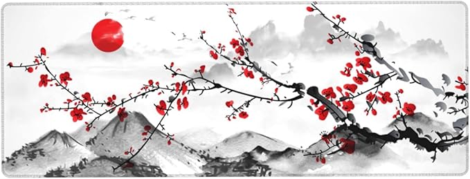 Watercolor Cherry Blossom Mouse Pad 31.5x11.8 Inch Pink Full Desk Japanese Sakura Mousepad Extended Large Non-Slip Rubber Base Waterproof Big Keyboard Mat with Stitched Edges for Gaming and Office