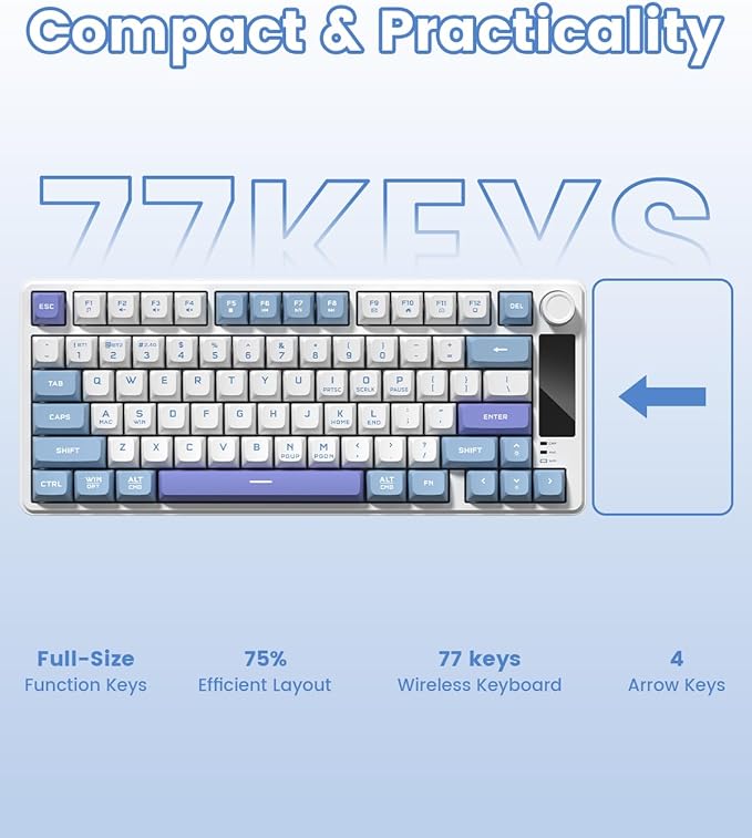 Womier DK75 75% Wireless Gaming Keyboard, RGB Backlit Creamy Keyboard with Multifunction Knob & Screen, Tri-Mode 2.4GHz/USB-C/BT5.0, Anti-Ghosting No-Conflict Silent Membrane Keyboard for MAC Windows
