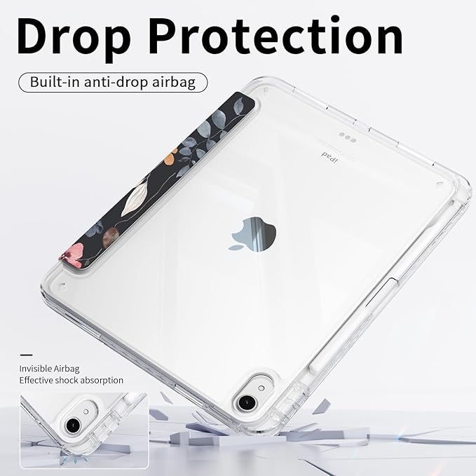 Case for iPad 11th Generation A16 Chip 2025, iPad 10th Generation Case 10.9 2025 with Pencil Holder, Slim Protective Trifold Stand Transparent Clear Back Cover, Watercolor Flower