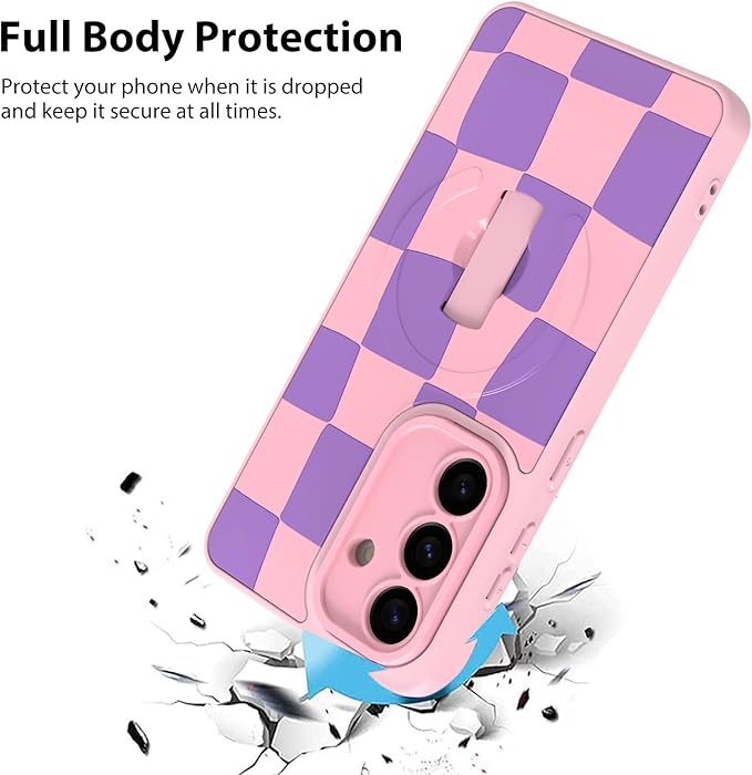 KANGHAR Compatible with Samsung Galaxy S26 Case, Support for MagSafe, Silicone Checkered Cute Pattern, Wristband Kickstand Camera Protection Soft Slim Cover for Girls Women -Pink