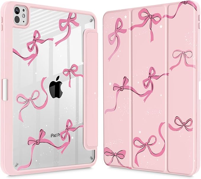 May Chen for iPad Pro 13 Inch Case M5 2025 / M4 2024, Built Pencil Holder & Clear Transparent Print Back Shell Slim Stand Shockproof Tablet Cover, Auto Wake/Sleep, Pink Bows