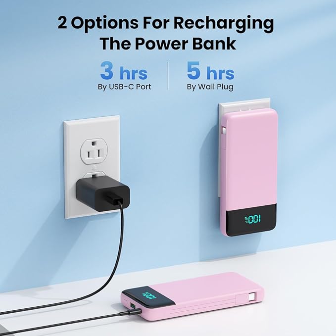 Portable Charger for iPhone,13800mAh Slim Power Bank with Built-in Cables & AC Wall Plug,All in One 4 Outputs USB C Fast Charging Battery Pack for iPhone 17/16/15/14,Android,Travel Essential (Pink)