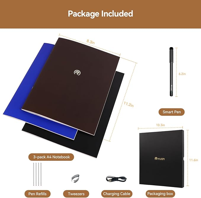 Yuan Smart Sync Pen for Note Taking, Digital Notebook(3-Pack A4) with Pen, Sync Handwriting, Offline Storage, Note Sharing, Gift for Adult Women Men Coworker Teacher Student Friend for IOS and Android
