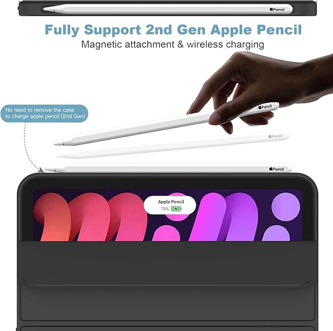 iMieet iPad mini 7 Case 2024 (A17 Pro), iPad mini 6 Case (8.3-Inch,2021 Model), iPad mini 7th/6th Generation Case with Pencil Holder, Trifold Stand Smart Case with Soft TPU Back,Black