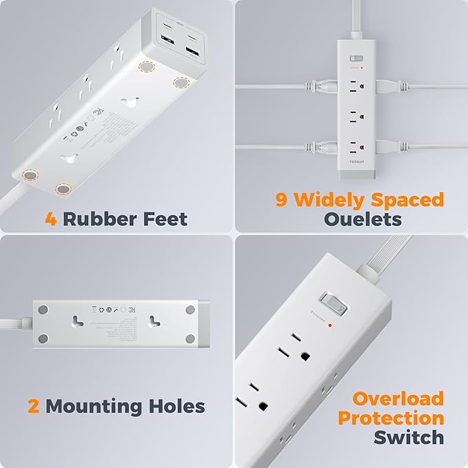 TESSAN Surge Protector Power Strip PD 20W, Ultra Thin Flat Plug 15 FT Extension Cord, 9 Outlets 4 USB(2 USB C), 1050J Protection Multiple Outlets Charging Station for Home, Office, College Dorm Room